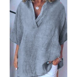 Women Cotton V-neck Half Sleeve Casual Shirt Blouse