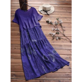 Women Short Sleeve Print Patchwork Maxi Dress