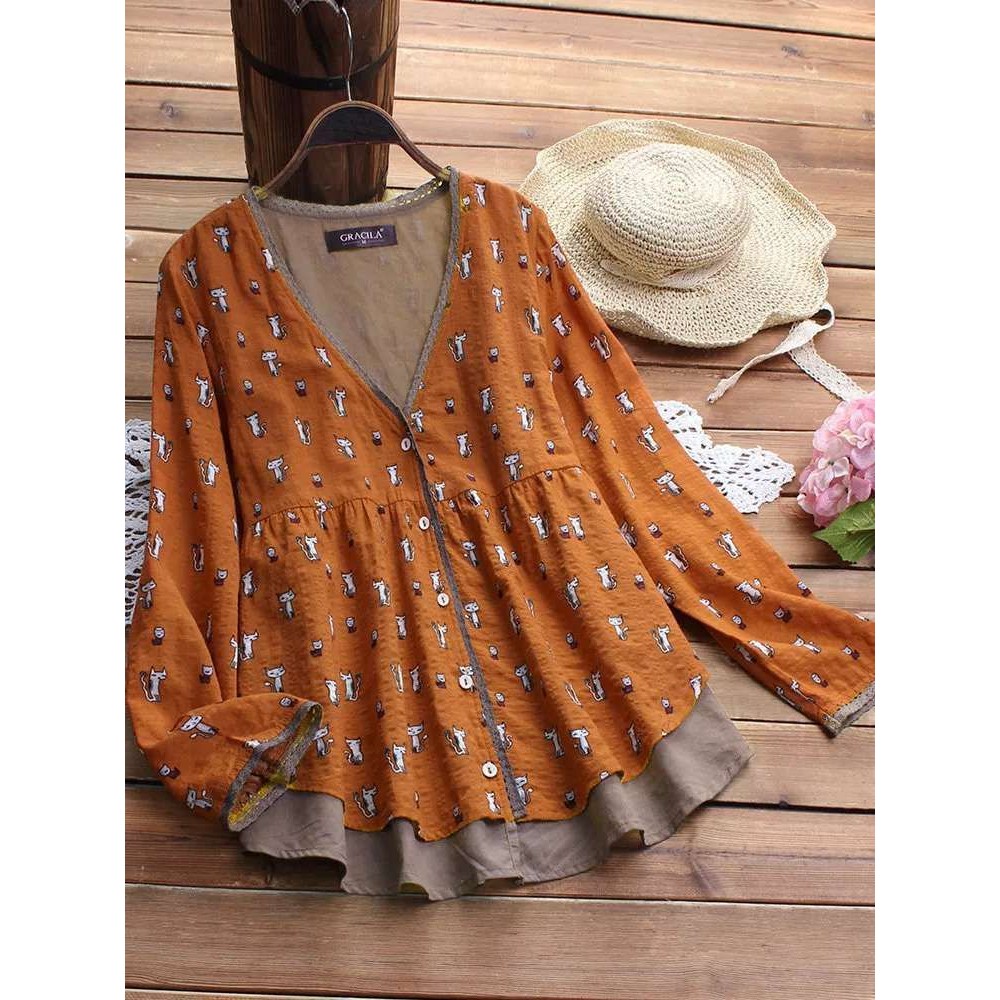 Women Vintage Cat Print V-Neck Long Sleeve Blouse