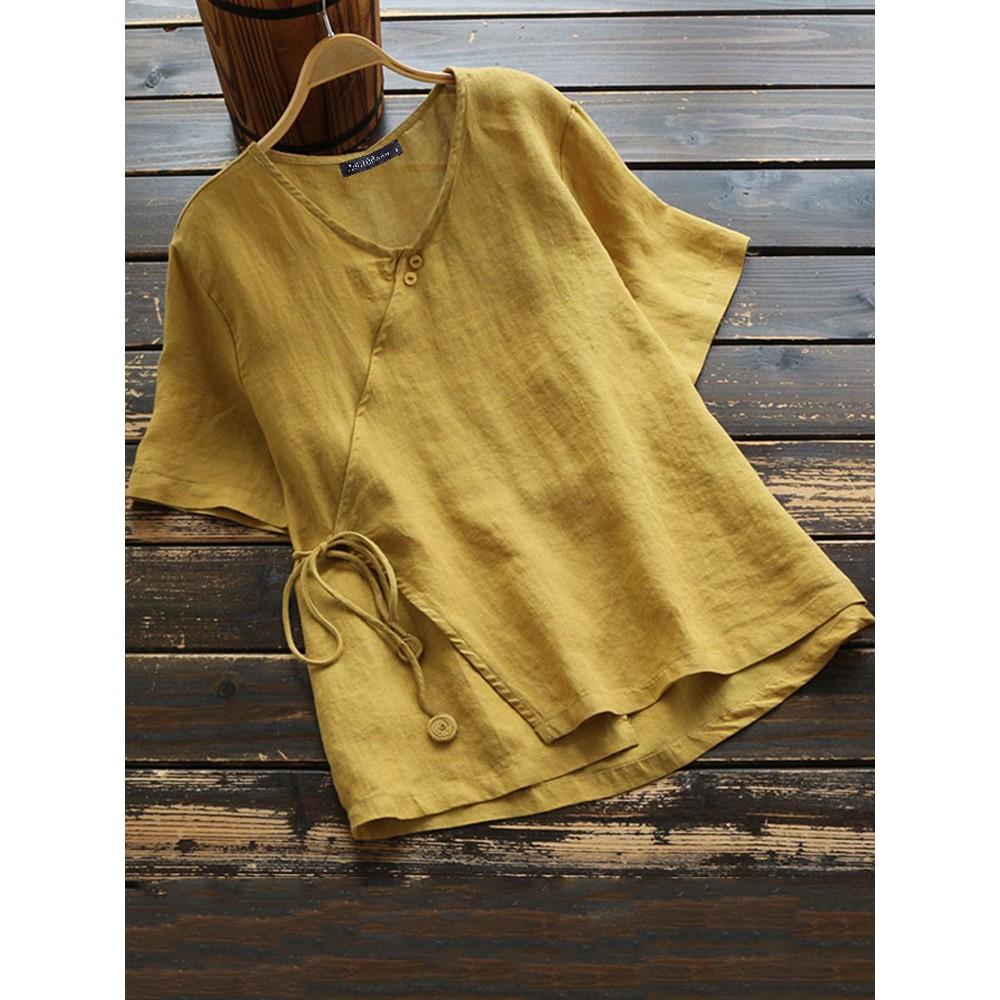 Women Cotton Button V-neck Solid Color Blouse