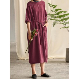 Women Cotton 3/4 Sleeve O Neck Casual Loose Side Pockets Long Maxi Dress