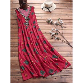 Women Print Folk Style V-Neck Sleeveless Dress