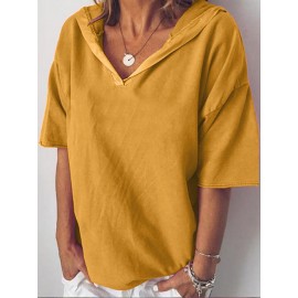 Women Short Sleeve V-neck Solid Casual Blouse