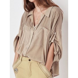 Women Solid Color Lapel Long Sleeve Pleated Shirts with Pockets