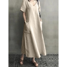 Women Cotton Short Sleeve V-neck Side Pocket Solid Midi Dress