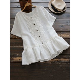 Women Elegant O-neck Short Sleeve Ruffles Loose Blouse