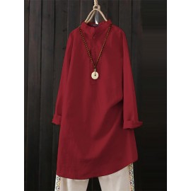 Women Solid Color Stand Collar Buttons Long Sleeve Blouse