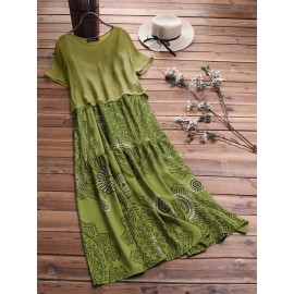 Women Short Sleeve Print Patchwork Maxi Dress