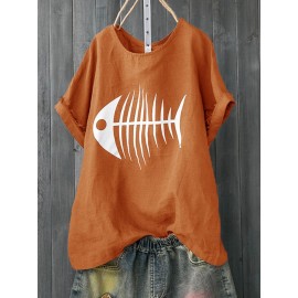 Women Casual Print Fish Bone Short Sleeve Cute T-Shirts