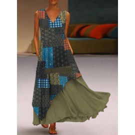 Elegant V Neck Splicing Printed Color Layered Sleeveless Maxi Dress