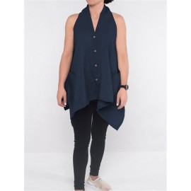 Women Sleeveless Button Down Solid Color Asymmetric Blouse