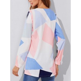 Women V-neck Geometric Print Long Sleeved Button Blouse