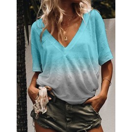 Women Casual Half Sleeve V Neck Gradient Shirts Tops