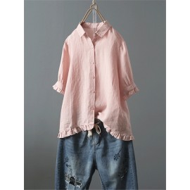 Women Vintage Button Turn Down Collar Half Sleeve Solid Color Shirts