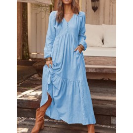 Women Solid Color O-neck Casual Maxi Dress