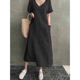 Women Cotton Short Sleeve V-neck Side Pocket Solid Midi Dress