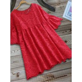 Women Hollow Out Crew Neck Short Sleeve Blouse