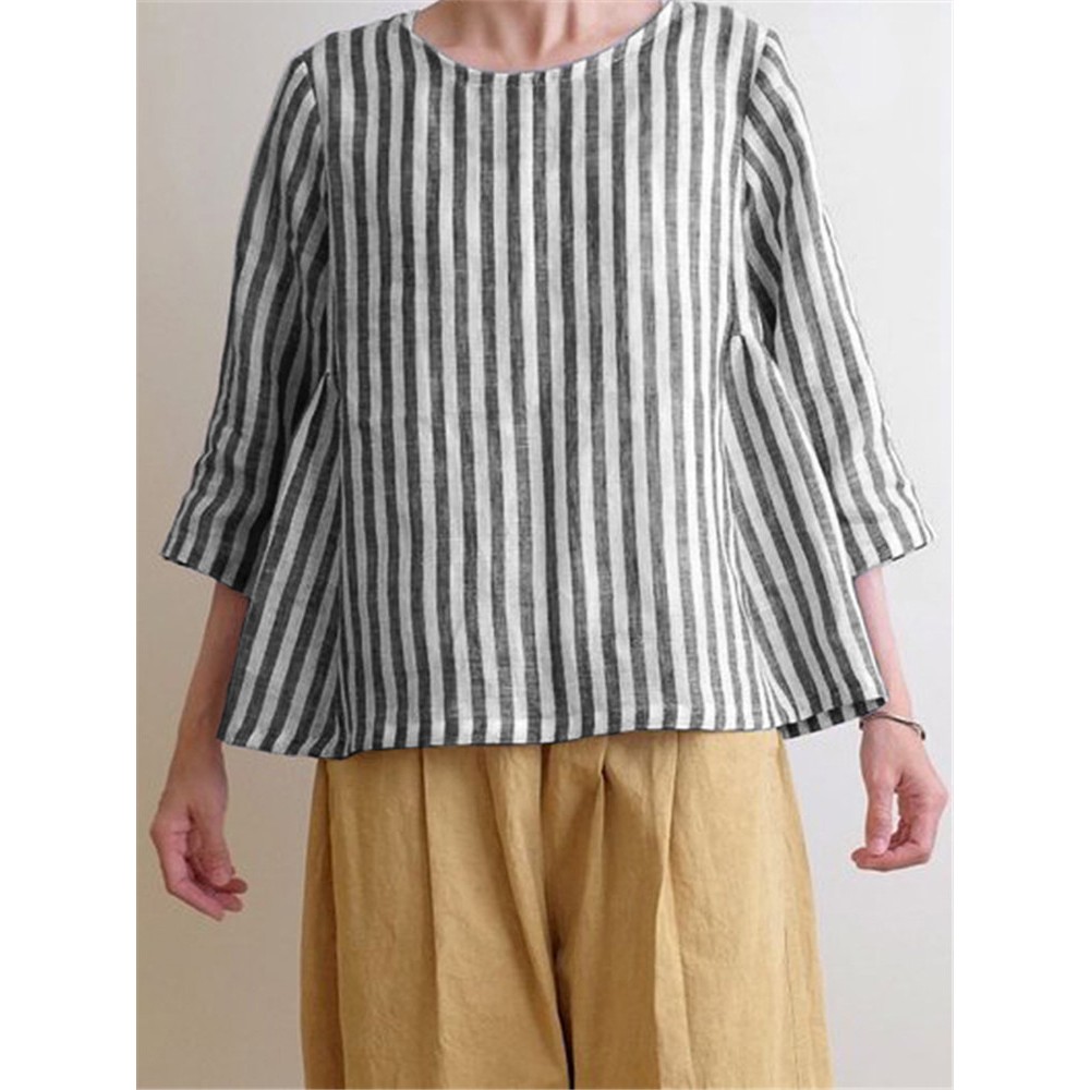 Women Crew Neck 3/4 Sleeve Casual Cotton Striped Blouse