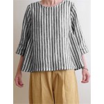 Women Crew Neck 3/4 Sleeve Casual Cotton Striped Blouse