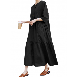 Women Casual Solid Color Loose Round Neck Half Sleeve Dress