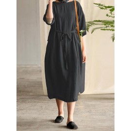 Women Cotton 3/4 Sleeve O Neck Casual Loose Side Pockets Long Maxi Dress