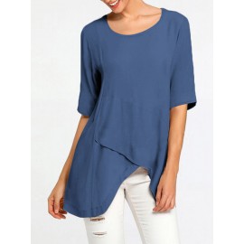 Women Solid Half Sleeve Cotton Irregular Hem Blouse