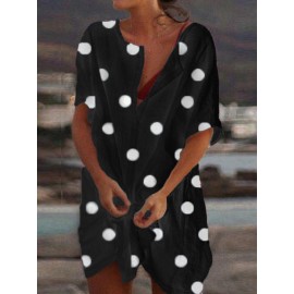 Women Short Sleeve Polka Dot Print V-neck Casual Dress