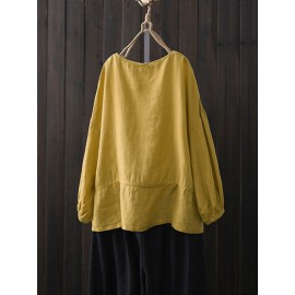 Women Loose Cotton Solid Color Round Neck Long Sleeve T-Shirts