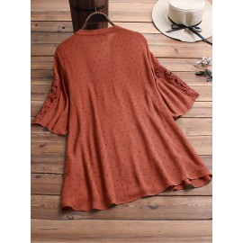 Women Solid Color Hollow Out Patchwork Blouse