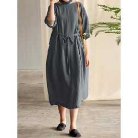 Women Cotton 3/4 Sleeve O Neck Casual Loose Side Pockets Long Maxi Dress