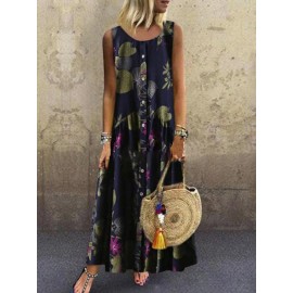 Vintage Sleeveless Floral Print Button O-neck Maxi Dress