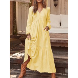 Women Solid Color O-neck Casual Maxi Dress