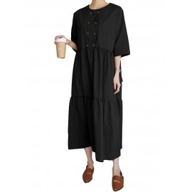 Women Casual Solid Color Loose Round Neck Half Sleeve Dress