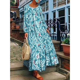 Women Vintage Long Sleeve Crew Neck Floral Print Maxi Dress