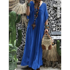 Women Short Sleeve Hollow Out Robe Kaftan Solid Maxi Dress