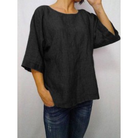 Women Solid Color 3/4 Sleeve Crew Neck Blouse