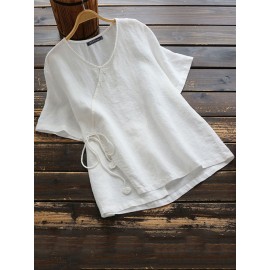 Women Cotton Button V-neck Solid Color Blouse