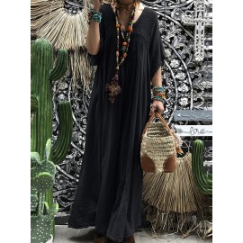 Women Short Sleeve Hollow Out Robe Kaftan Solid Maxi Dress