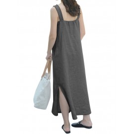 Women Loose Cotton Split Hem Sleeveless Strap Dress