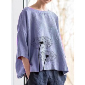 Women 3/4 Sleeve Crew Neck Floral Print Blouse