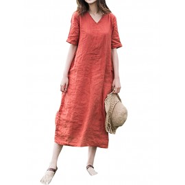 Women Casual Cotton Loose Bandage Midi Dress