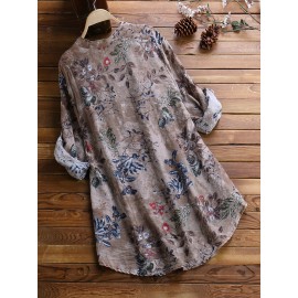 Women Vintage Floral Print V-neck Long Sleeve Asymmetrical Blouse