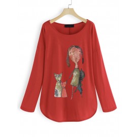 Women Cartoon Printed Long Sleeve Crew Neck T-Shirts