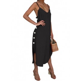 Women Sleeveless Strap V-neck Button Solid Maxi Dress