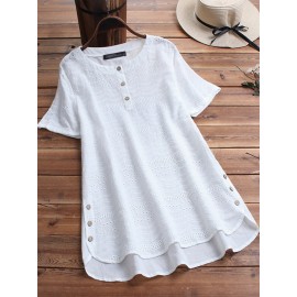 Women Pure Color HighLow Hem Button Down Blouse