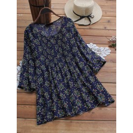 Women Folk Style Floral Print Crew Neck Blouse