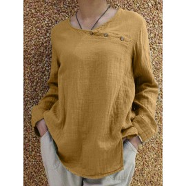 Women Cotton Pure Color Button O-Neck Long Sleeve Blouse