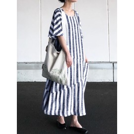 Women Loose Striped Round Neck Short Sleeve Dress with Pockets