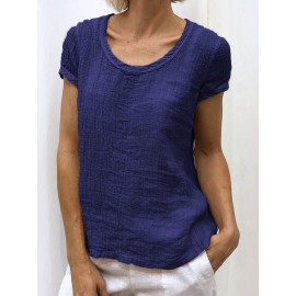 Women Solid Color Short Sleeve Round Neck Pleated Casual T-Shirts