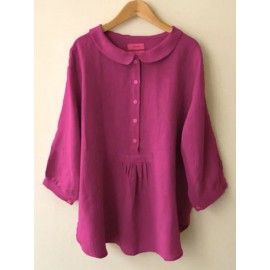 Women Pure Color Linen Button Down 3/4 Sleeve Blouse